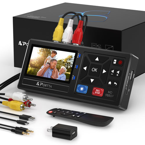 Portta Video Digitalisierer Recorder - VHS Kassetten, Remote, schwarzes, rechteckiges Gerät digitalisiert analoges Video von VHS.