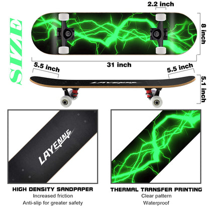 LAYENNE Skateboard Komplettboard 31 x 8 Zoll, 7-lagiges Ahorn