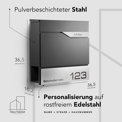 NewHabitat Briefkasten Manhattan Anthrazit mit Zeitungsfach und Gravur