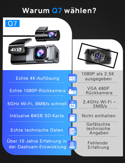 Navycrest Q7 Dashcam Auto vorne hinten, 4K+1080P mit 5GHz WiFi
