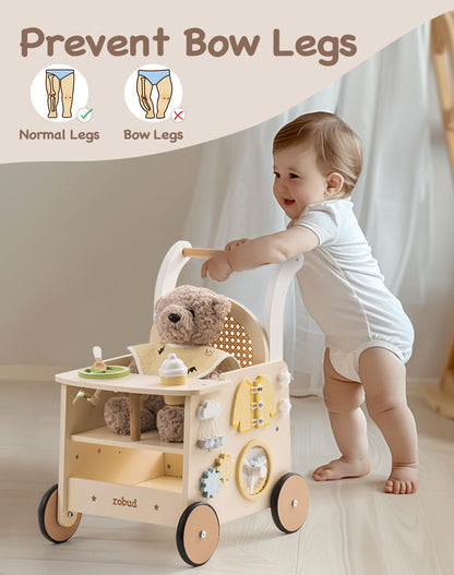 ROBUD Holz Lauflernwagen 2-in-1 - Puppenwagen Montessori Board