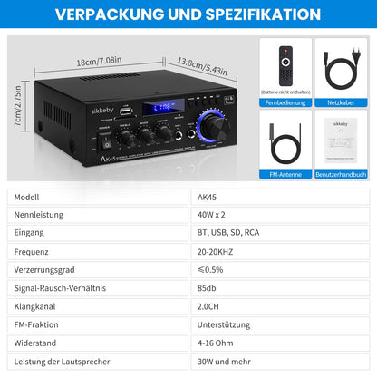 sikkeby AK45 HiFi-Verstärker mit Bluetooth, 2 x 40 W, USB, SD, FM