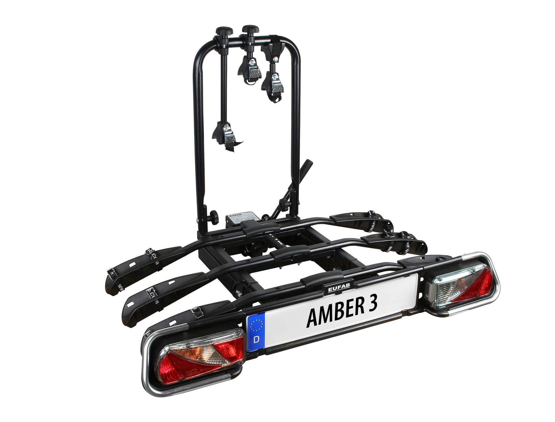EUFAB AMBER 3 Fahrradträger - E-Bike Anhängerkupplung Schwarz: Stabiler schwarzer Heckträger für 3 E-Bikes zur Montage auf die Anhängerkupplung.