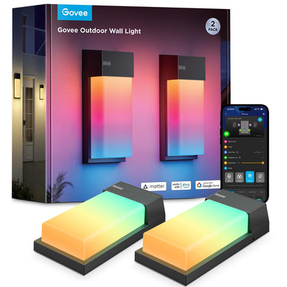 Govee RGBIC Smart LED Aussen Wandleuchte – 2er-Set: Zwei schlanke, schwarze Leuchten. Liefern individuell steuerbare RGBIC-Beleuchtung.