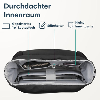 LARKSON Rolltop Rucksack No 2 Schwarz, Daypack mit 16 Zoll Laptopfach