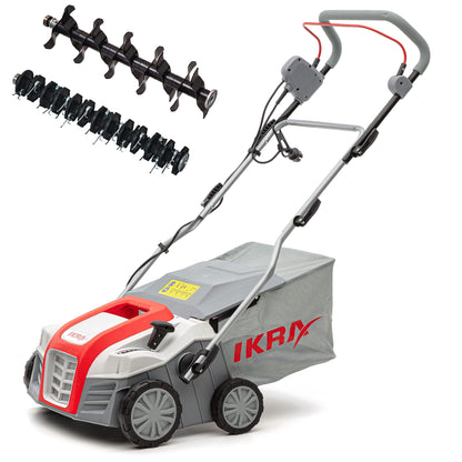 IKRA IEVL 2000 - Elektro Vertikutierer Rasenlüfter 2000W, grünes Gerät zur Rasenfilzentfernung und Belüftung.