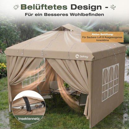 Sekey Pop Up Pavillon 3x3 m, wasserdicht, mit Seitenwänden, beige