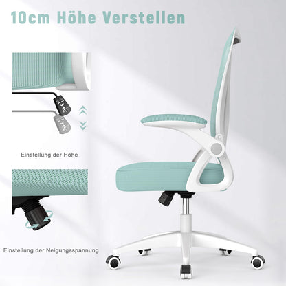 naspaluro Bürostuhl mit Verstellbaren Armlehnen, Ergonomischer Schreibtischstuhl mit Netzbespannung, Lordosenstütze, Höhenverstellbarer, Gepolstertem Sitzkissen, 360° Drehstuhl, Grün