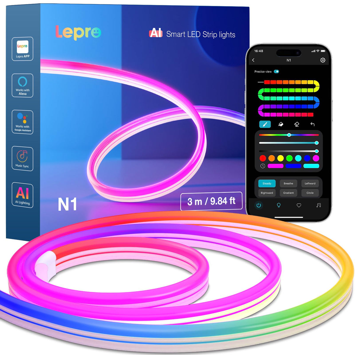 Lepro AI Neon LED Strip N1 RGB 3m, LED Streifen in Neon-Optik für Wanddeko