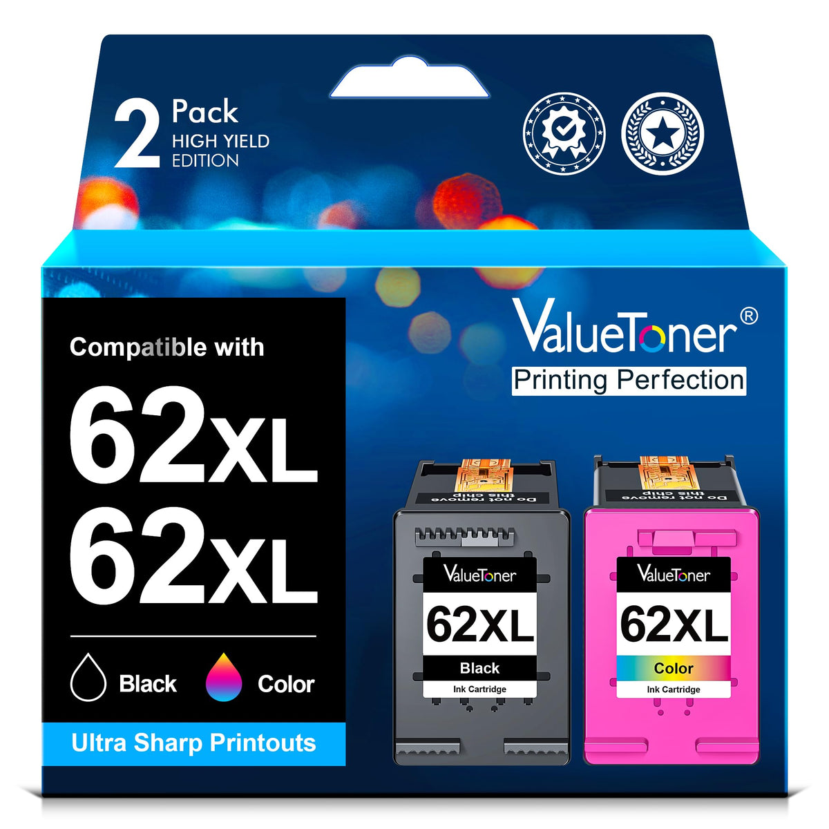 Valuetoner 62XL Druckerpatronen kompatibel für HP 62, 2er-Pack, schwarze und farbige Tintenpatrone