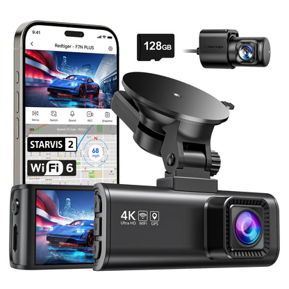 REDTIGER F7NP Dashcam 4K Dual – STARVIS 2 Sensor. Kompakte, schwarze Kamera. Zeichnet 4K-Fahrtvideos vorne & hinten zur Beweissicherung auf.