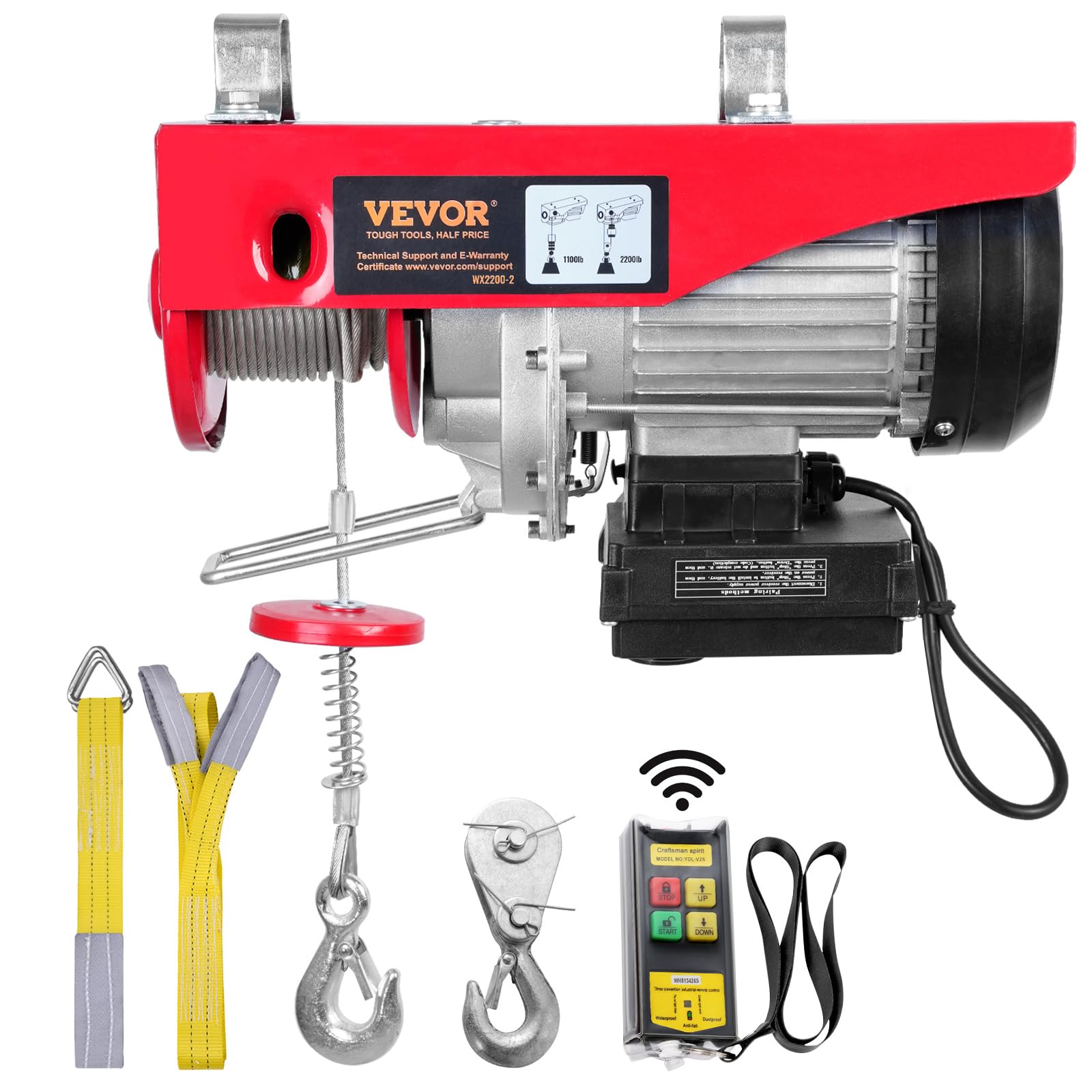 VEVOR 500-1000kg Elektrische Seilwinde - Kabellose Fernbedienung. Grau-metallenes Gehäuse mit Seiltrommel und Haken zum Heben schwerer Lasten in Bau & Werkstatt.