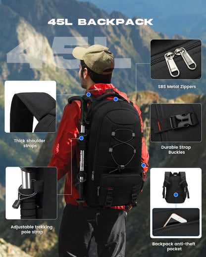 Besttravel Reiserucksack 45 L mit Laptopfach, wasserdicht, schwarz