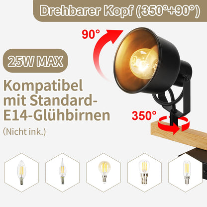 GBLY Deckenstrahler 4-flammig schwenkbar E14 Schwarz Holzmaserung