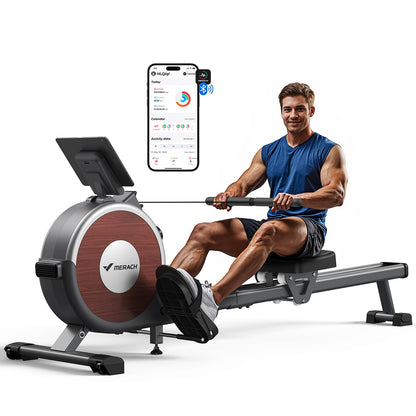 MERACH Magnetisches Rudergerät App-fähig Heimgebrauch - Grau. Länglicher, grauer Trainingsrahmen mit Sitz. Für effektives Cardio- & Krafttraining zu Hause.