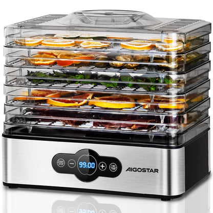 Aigostar Crispy Dörrautomat - Edelstahl, Temperatur & Timer. Dörrt Lebensmittel mit präziser Temperatur- und Zeitsteuerung.
