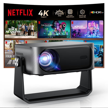 4K Smart Beamer mit Autofokus & Schwenkfunktion – Heimkino. Kompakter, anthrazitfarbener Beamer projiziert Filme & Serien in 4K.