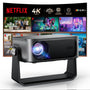 4K Smart Beamer mit Autofokus & Schwenkfunktion – Heimkino. Kompakter, anthrazitfarbener Beamer projiziert Filme & Serien in 4K.
