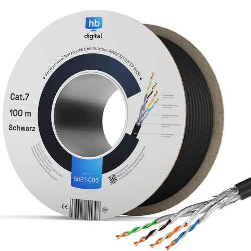 HB-DIGITAL CAT 7 Outdoor LAN Verlegekabel S/FTP 100m Schwarz für schnelle und sichere Ethernet-Netzwerke im Außenbereich.