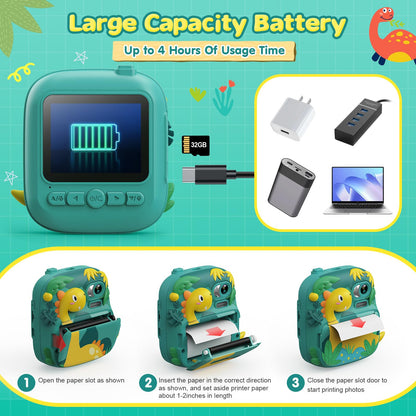 CAMCLID Kinderkamera ET-7 Sofortbildkamera Dinosaurier mit 32 GB Karte