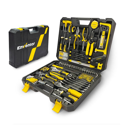 ENVENTOR Werkzeugkoffer Gefüllt 280-tlg – Haushalt & DIY Set. Schwarzer Koffer mit 280-tlg. Werkzeugsortiment für Reparaturen und Heimwerkerprojekte.