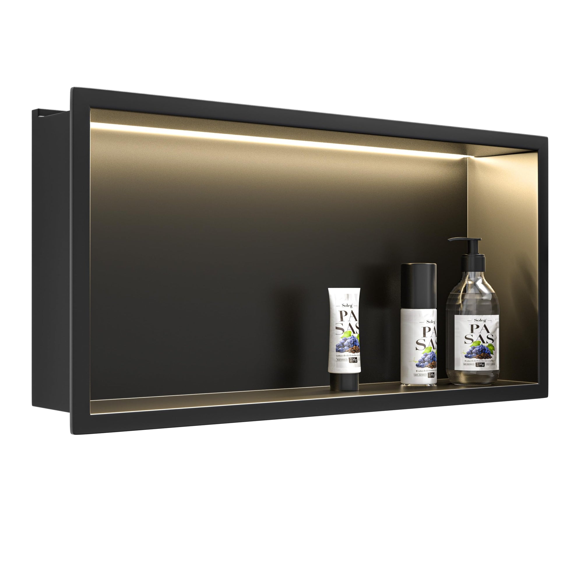 Bernkot Wandnische Dusche LED Edelstahl 60x30 cm Matt Schwarz. Rechteckige matt schwarze Edelstahl-Wandnische mit LED-Beleuchtung als Duschablage.