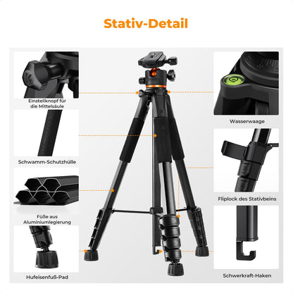 K&F CONCEPT Kamerastativ S255A3+BH-36, Reisestativ 190 cm