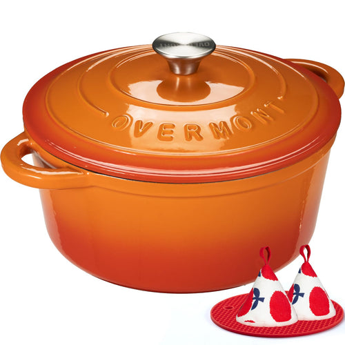 Overmont Gusseisen Bräter Emaille Schmortopf 28cm - Orange. Runder, oranger Gusseisen-Bräter (Ø28cm) zum Schmoren & Braten.