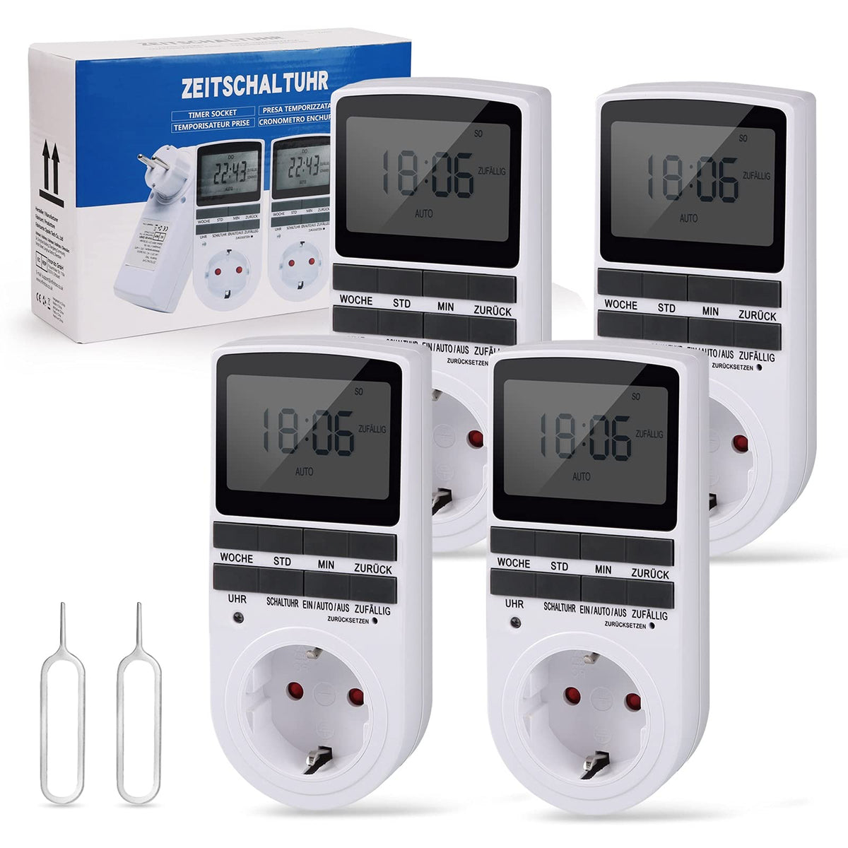 Digitale Zeitschaltuhr Steckdose - 4er Set Weiss. Vier weiße, rechteckige Zeitschaltuhren. Steuern die automatische Stromschaltung für Elektrogeräte.