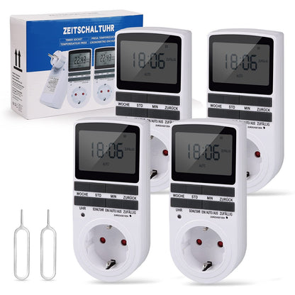Digitale Zeitschaltuhr Steckdose - 4er Set Weiss. Vier weiße, rechteckige Zeitschaltuhren. Steuern die automatische Stromschaltung für Elektrogeräte.