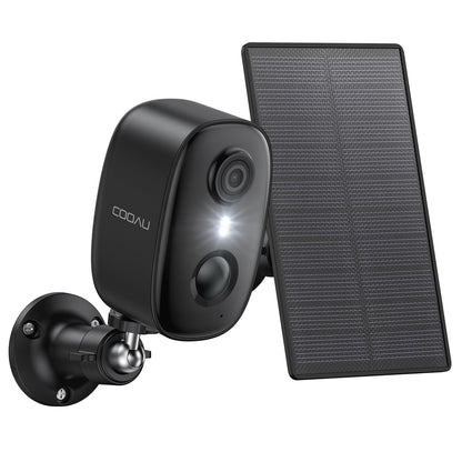 COOAU 2K Überwachungskamera Aussen mit Solarpanel und Akku, schwarzes Gehäuse