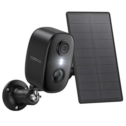 COOAU 2K Überwachungskamera Aussen mit Solarpanel und Akku, schwarzes Gehäuse