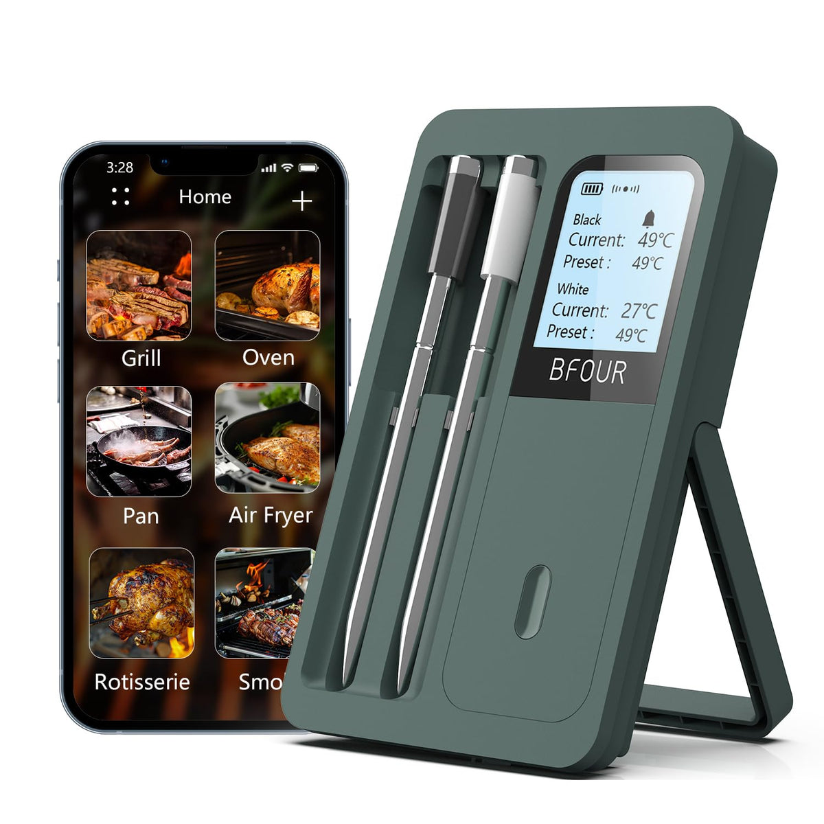 BFOUR BF-40 Bluetooth-Grillthermometer mit 2 Sonden und LCD-Display, Edelstahlfühler in Schwarz und Weiss