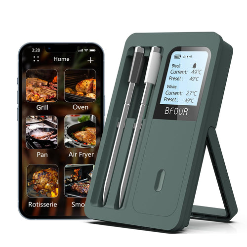 BFOUR BF-40 Bluetooth-Grillthermometer mit 2 Sonden und LCD-Display, Edelstahlfühler in Schwarz und Weiss