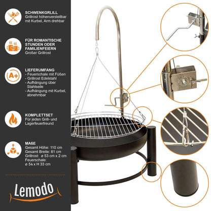 Lemodo Holzkohlegrill - Schwenkgrill mit Kurbel & Feuerschale