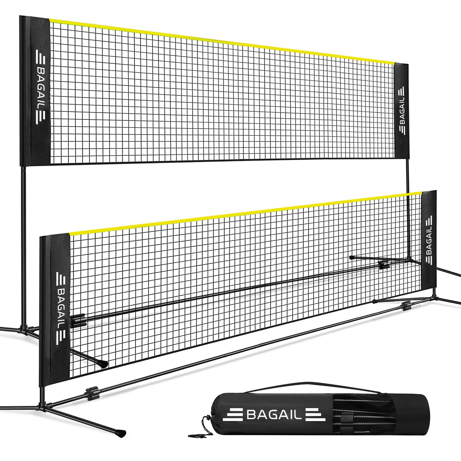 BAGAIL Badmintonnetz. Faltbares Nylonnetz mit höhenverstellbarem Ständer und Tragetasche. Für Tennis, Badminton, Volleyball.