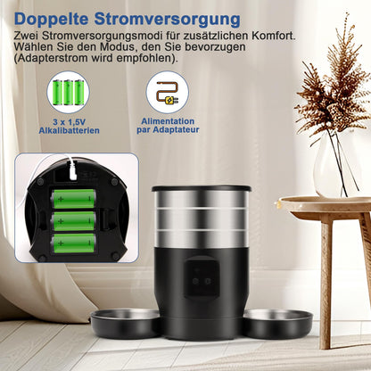 Automatischer Futterautomat Katze 5L – WiFi Edelstahl, 2 Näpfe