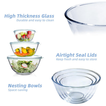 WhiteRhino Rührschüssel Glas 3er-Set mit Deckel, 1,1L, 2,6L, 4,3L