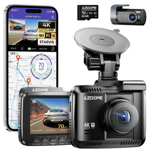 AZDOME GS63H Pro Dashcam Auto – 4K Dual GPS/WiFi: Kompaktes, schwarzes Rechteckgehäuse. Zeichnet Fahrten in 4K auf, mit Dual GPS/WiFi.