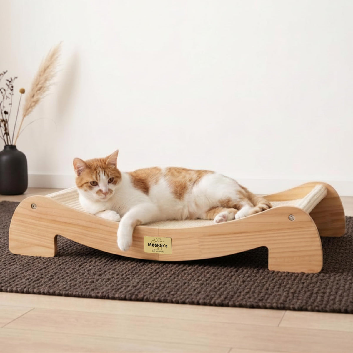 Mookie's Kratzbrett XL 67x42 cm – 2-in-1 Katzenliege aus Massivholz mit geschwungener Sisal-Kratzfläche