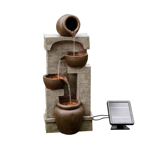 Teamson Home Solarbrunnen 4-stufig mit LED-Beleuchtung, Bronze – Kaskadenbrunnen aus Polyresin in Steinoptik