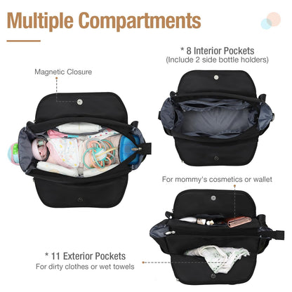 Lekebaby Wickeltasche gross mit Wickelunterlage, 19 Fächer, Schwarz