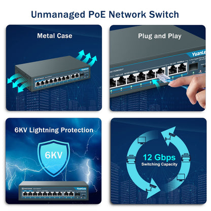 YuanLey 11 Port Gigabit PoE Switch - 8 PoE+ Ports, Unmanaged