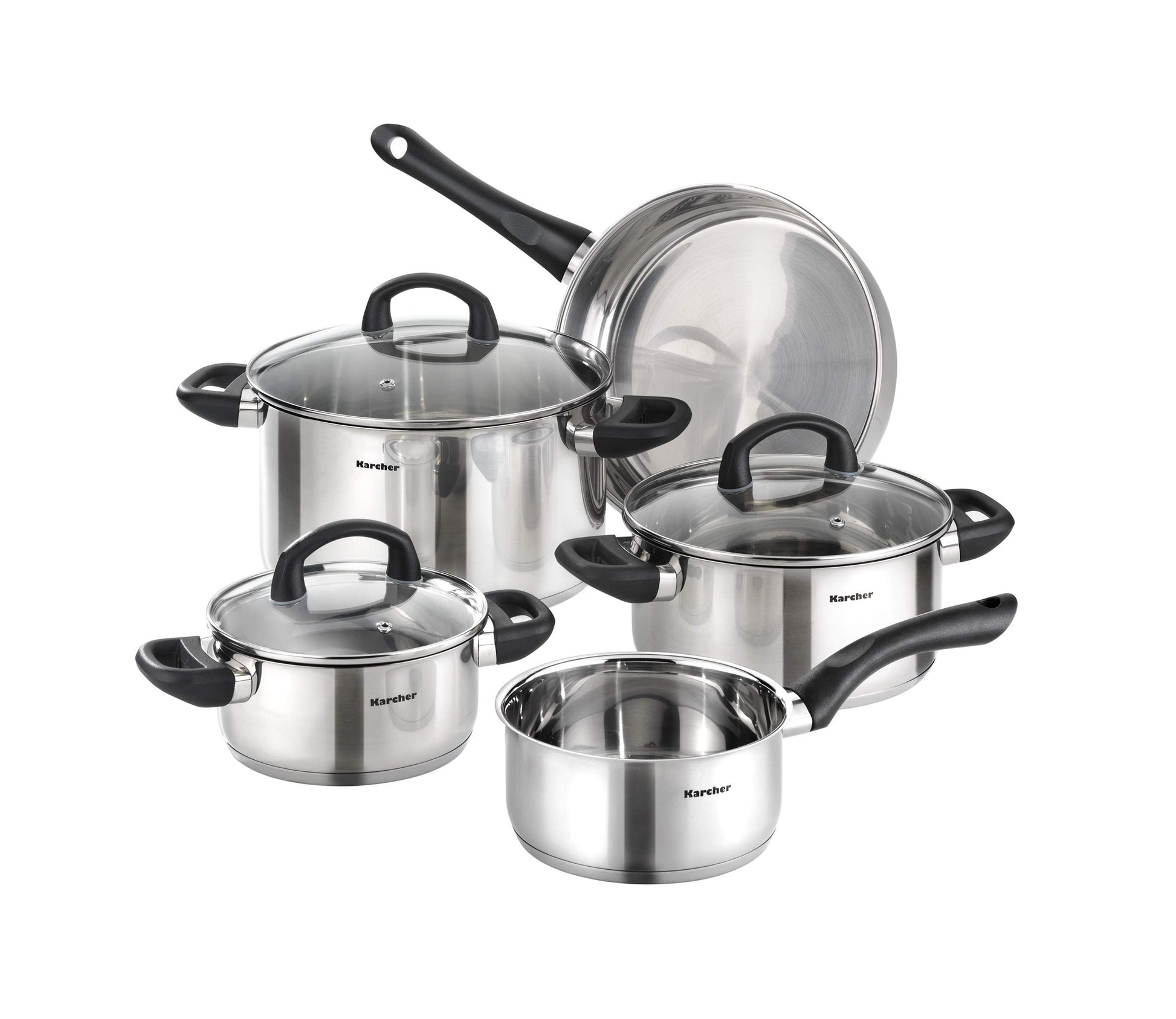 Karcher Mia Topfset – Edelstahl Induktion 5-teilig. Glänzende, runde Edelstahltöpfe und Stielkasserolle. Für Kochen, Braten, Schmoren auf Induktion.