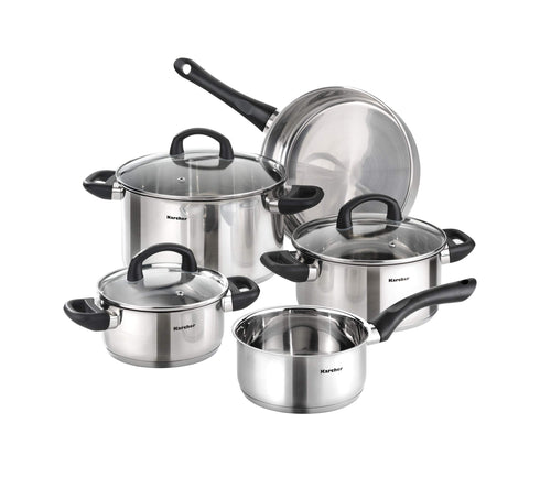 Karcher Mia Topfset – Edelstahl Induktion 5-teilig. Glänzende, runde Edelstahltöpfe und Stielkasserolle. Für Kochen, Braten, Schmoren auf Induktion.
