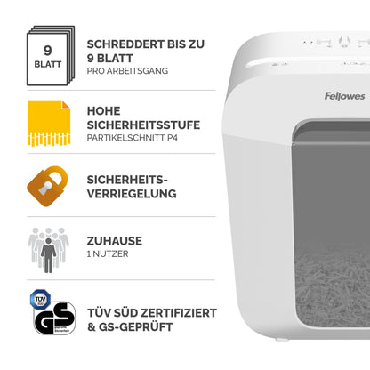 Fellowes FS-9C Aktenvernichter, Kreuzschnitt, 9 Blatt, P-4, weiss