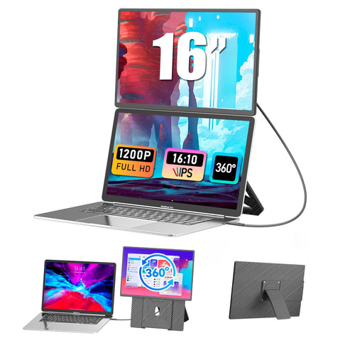 MobileView 16" FHD 1200P Portable Monitor mit drehbarem Ständer. Schlanker, rechteckiger Bildschirm zum Erweitern der mobilen Anzeigefläche.