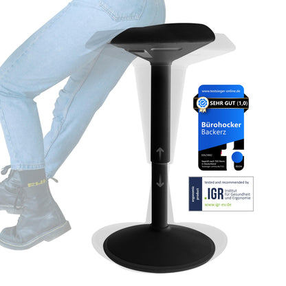 Backerz Ergonomischer Bürohocker - Mattschwarz, 55-80 cm. Runder, mattschwarzer Hocker für dynamisches Sitzen am Schreibtisch.