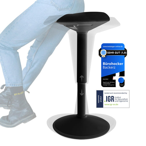 Backerz Ergonomischer Bürohocker - Mattschwarz, 55-80 cm. Runder, mattschwarzer Hocker für dynamisches Sitzen am Schreibtisch.
