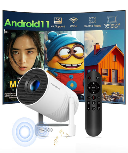 CineMini Mini Beamer - Smart Projektor 4K Android 11 Elektr. Fokus. Kompakter, rechteckiger Beamer projiziert 4K-Inhalte mit Android 11 OS.